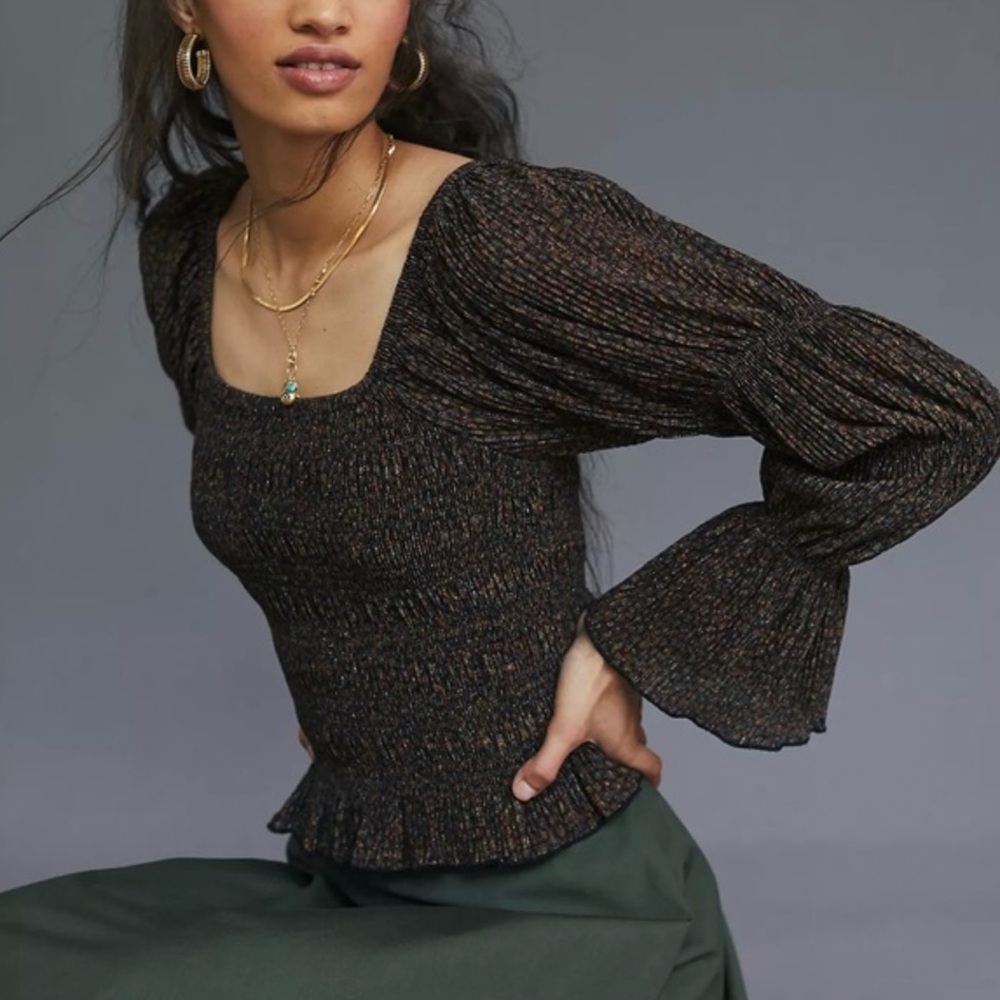 Anthropologie Flutter puff Sleeve off the shoulder brown metallic pattern top